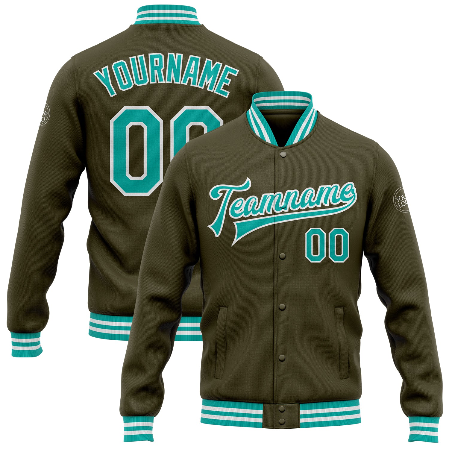 Personalized Olive Aqua-White Bomber Full-Snap Varsity Letterman Salute To Service Jacket Team Custom Name and Number