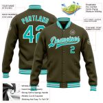 Personalized Olive Aqua-White Bomber Full-Snap Varsity Letterman Salute To Service Jacket Team Custom Name and Number