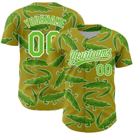 Personalized Olive Aurora Green-White 3D Pattern Design Crocodile Authentic Baseball Jersey Team Custom Name and Number