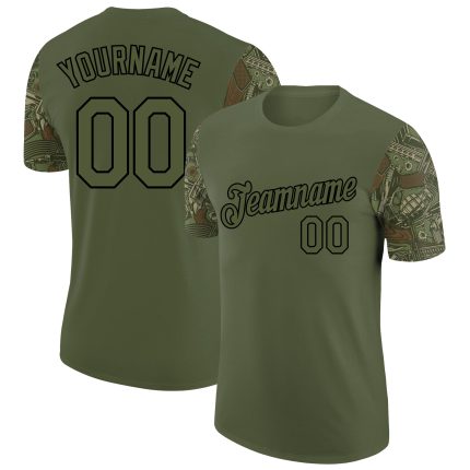 Personalized Olive Black 3D Pattern Design Vintage Military Weapon Performance Salute To Service T-Shirt Team Custom Name and Number