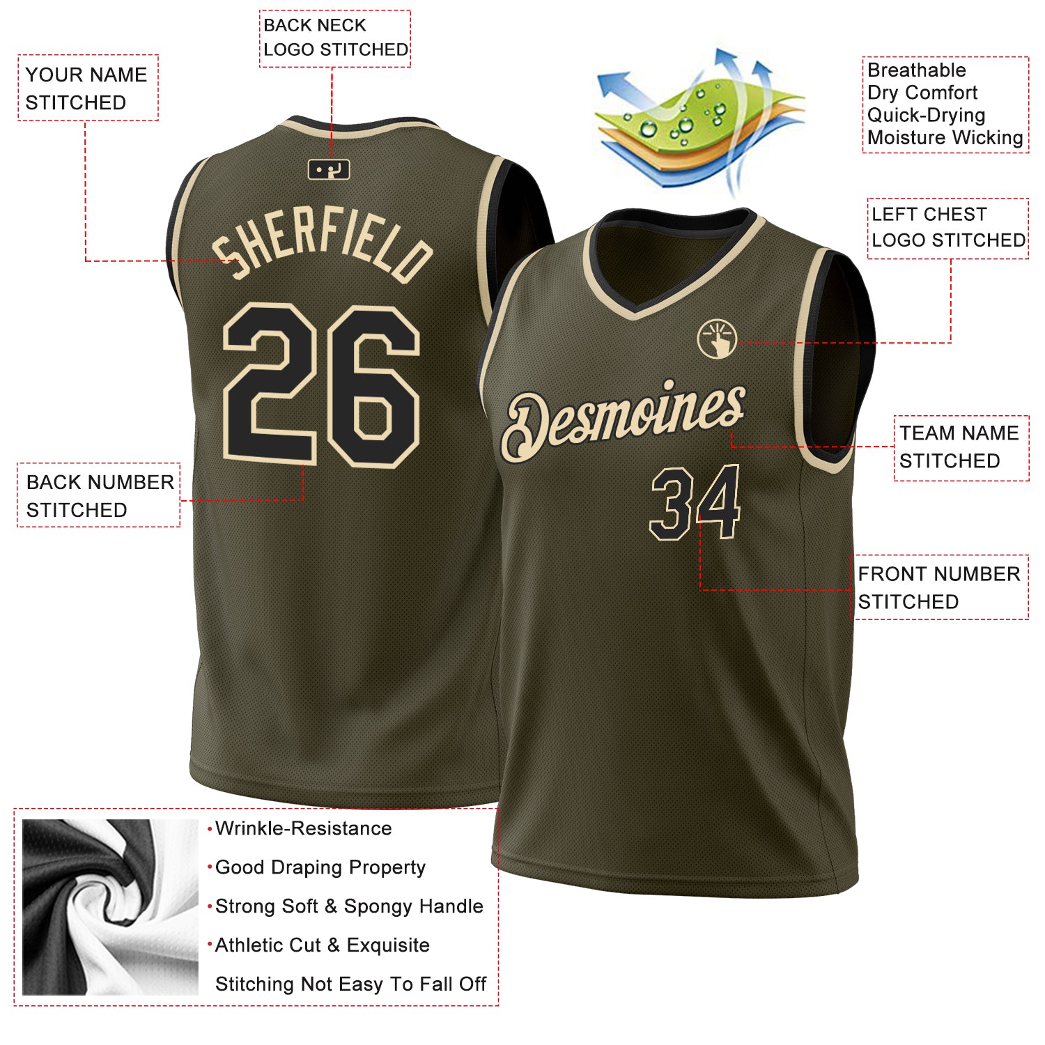 Personalized Olive Black-Cream Authentic Throwback Salute To Service Basketball Jersey Team Custom Name and Number Personalized Olive Black-Cream Authentic Throwback Salute To Service Basketball Jersey Team Custom Name and Number - Image 3
