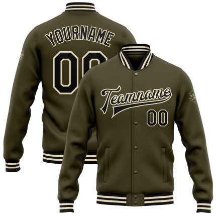 Personalized Olive Black-Cream Bomber Full-Snap Varsity Letterman Salute To Service Jacket Team Custom Name and Number