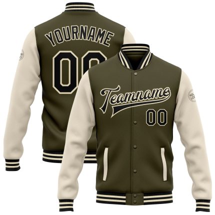 Personalized Olive Black-Cream Bomber Full-Snap Varsity Letterman Two Tone Salute To Service Jacket Team Custom Name and Number