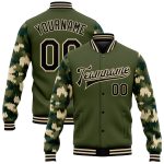 Personalized Olive Black-Cream Camo Sleeves 3D Pattern Design Bomber Full-Snap Varsity Letterman Salute To Service Jacket Team Custom Name and Number