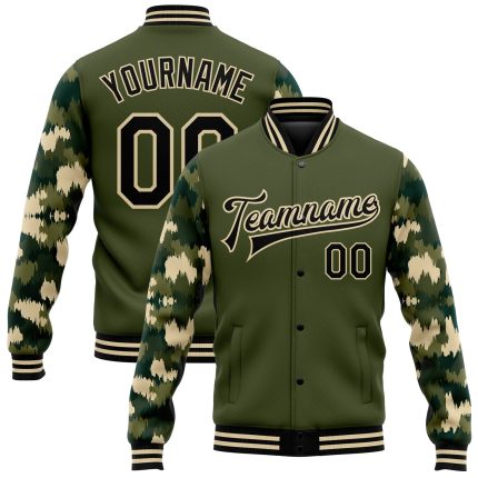Personalized Olive Black-Cream Camo Sleeves 3D Pattern Design Bomber Full-Snap Varsity Letterman Salute To Service Jacket Team Custom Name and Number