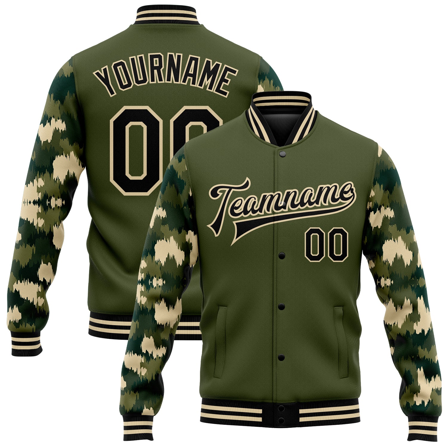 Personalized Olive Black-Cream Camo Sleeves 3D Pattern Design Bomber Full-Snap Varsity Letterman Salute To Service Jacket Team Custom Name and Number