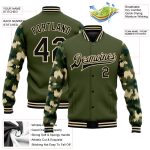 Personalized Olive Black-Cream Camo Sleeves 3D Pattern Design Bomber Full-Snap Varsity Letterman Salute To Service Jacket Team Custom Name and Number
