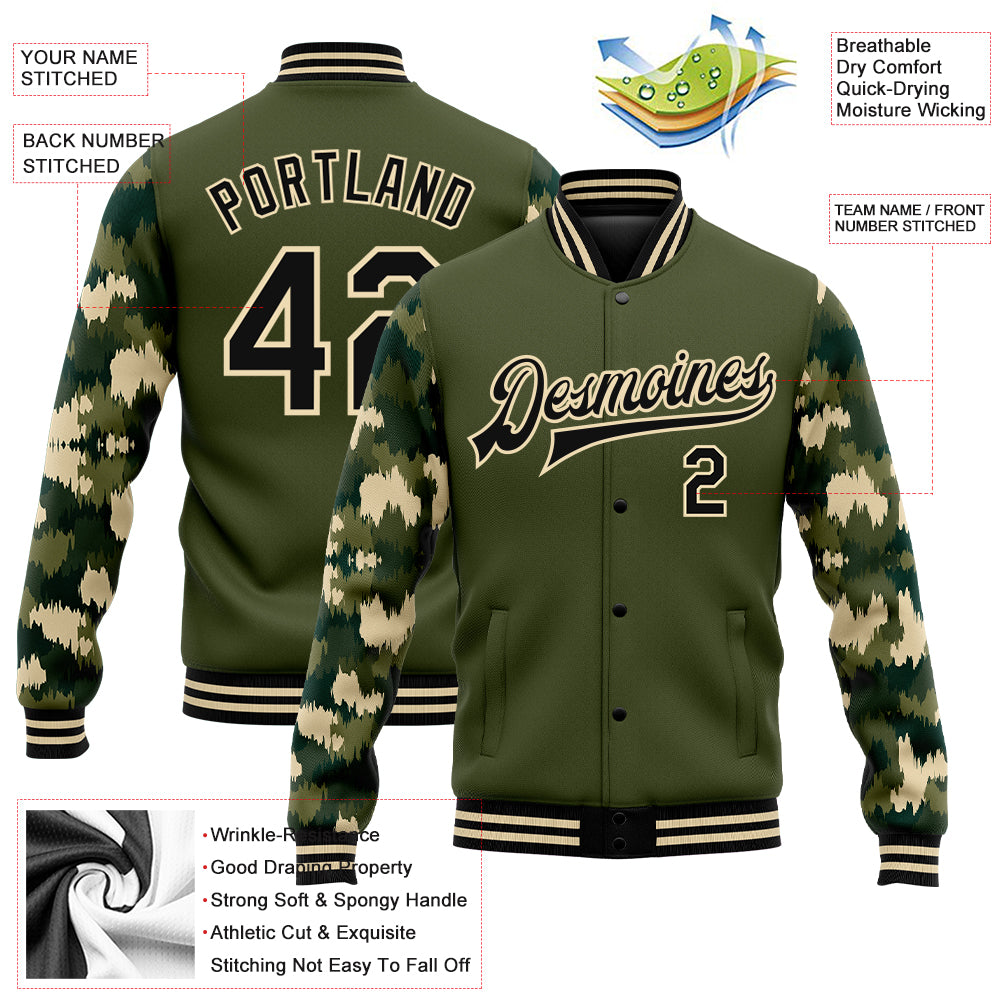 Personalized Olive Black-Cream Camo Sleeves 3D Pattern Design Bomber Full-Snap Varsity Letterman Salute To Service Jacket Team Custom Name and Number Personalized Olive Black-Cream Camo Sleeves 3D Pattern Design Bomber Full-Snap Varsity Letterman Salute To Service Jacket Team Custom Name and Number - Image 3