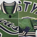 Personalized Olive Black-Cream Camo Sleeves 3D Pattern Design Bomber Full-Snap Varsity Letterman Salute To Service Jacket Team Custom Name and Number