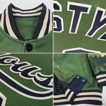 Personalized Olive Black-Cream Camo Sleeves 3D Pattern Design Bomber Full-Snap Varsity Letterman Salute To Service Jacket Team Custom Name and Number