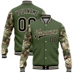 Personalized Olive Black-Cream Hawaii Palm Leaves Camo Sleeves 3D Pattern Design Bomber Full-Snap Varsity Letterman Salute To Service Jacket Team Custom Name and Number