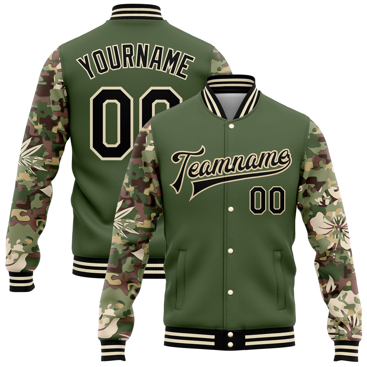 Personalized Olive Black-Cream Hawaii Palm Leaves Camo Sleeves 3D Pattern Design Bomber Full-Snap Varsity Letterman Salute To Service Jacket Team Custom Name and Number