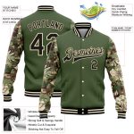 Personalized Olive Black-Cream Hawaii Palm Leaves Camo Sleeves 3D Pattern Design Bomber Full-Snap Varsity Letterman Salute To Service Jacket Team Custom Name and Number