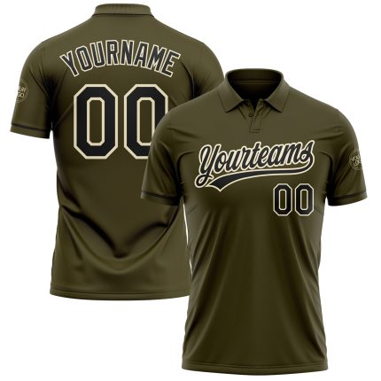 Personalized Olive Black-Cream Performance Vapor Salute To Service Golf Polo Shirt Team Custom Name and Number