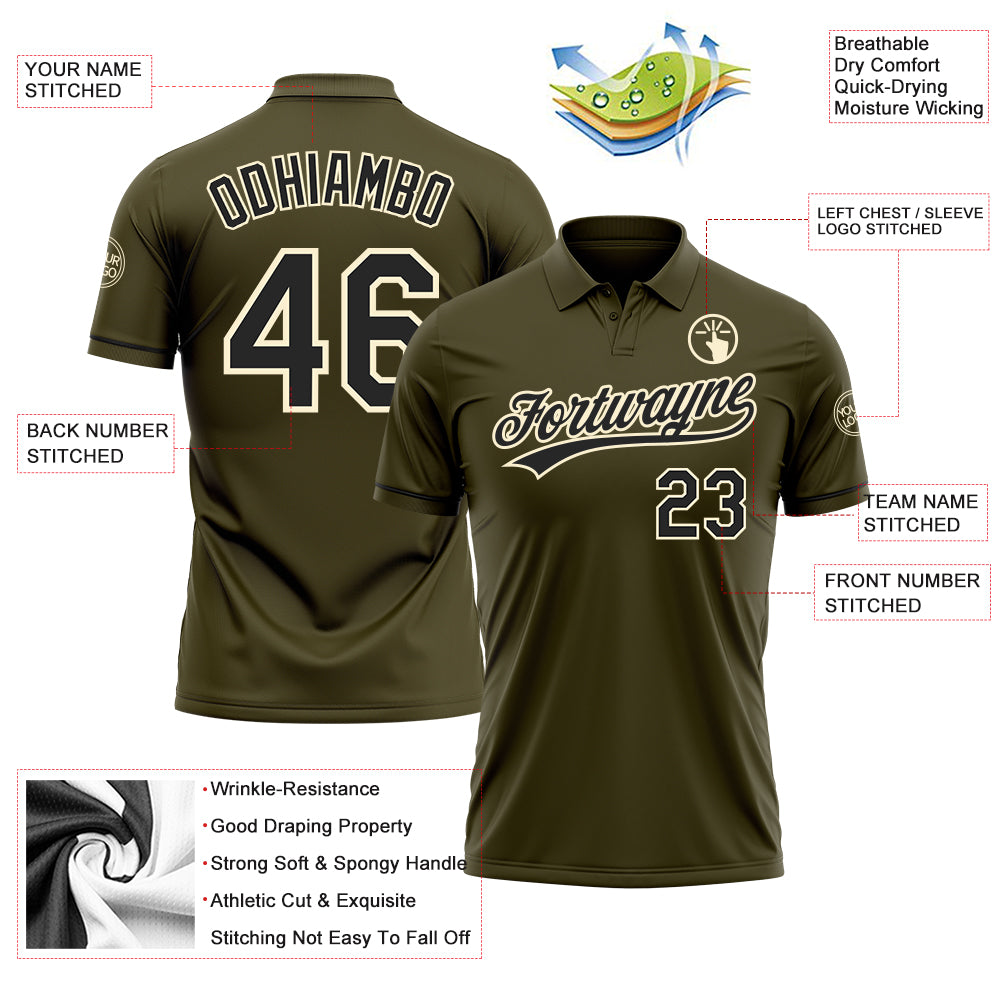 Personalized Olive Black-Cream Performance Vapor Salute To Service Golf Polo Shirt Team Custom Name and Number Personalized Olive Black-Cream Performance Vapor Salute To Service Golf Polo Shirt Team Custom Name and Number - Image 3