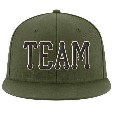 Personalized Olive Black-Cream Stitched Adjustable Snapback Salute To Service Hat Team Custom Name and Number