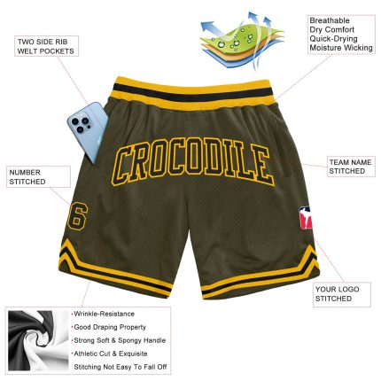 Personalized Olive Black-Gold Authentic Throwback Salute To Service Basketball Shorts Team Custom Name and Number