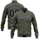Personalized Olive Black-Gray Animal Camo Sleeves 3D Pattern Design Bomber Full-Snap Varsity Letterman Salute To Service Jacket Team Custom Name and Number
