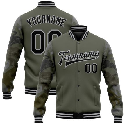 Personalized Olive Black-Gray Animal Camo Sleeves 3D Pattern Design Bomber Full-Snap Varsity Letterman Salute To Service Jacket Team Custom Name and Number