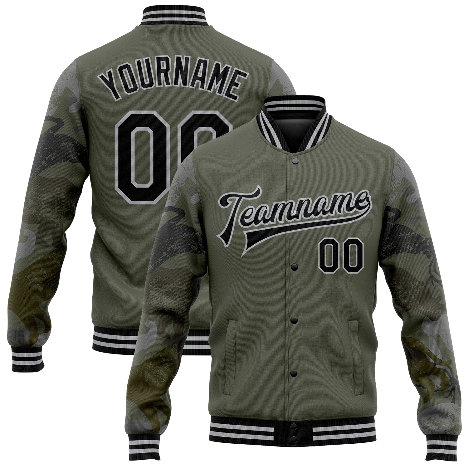 Personalized Olive Black-Gray Animal Camo Sleeves 3D Pattern Design Bomber Full-Snap Varsity Letterman Salute To Service Jacket Team Custom Name and Number