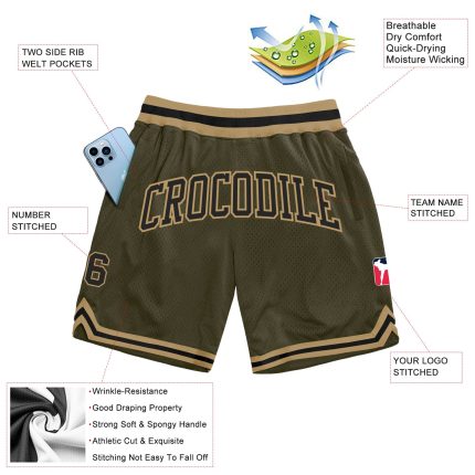 Personalized Olive Black-Old Gold Authentic Throwback Salute To Service Basketball Shorts Team Custom Name and Number