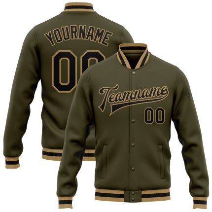 Personalized Olive Black-Old Gold Bomber Full-Snap Varsity Letterman Salute To Service Jacket Team Custom Name and Number