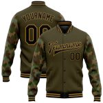 Personalized Olive Black-Old Gold Camo Sleeves 3D Pattern Design Bomber Full-Snap Varsity Letterman Salute To Service Jacket Team Custom Name and Number
