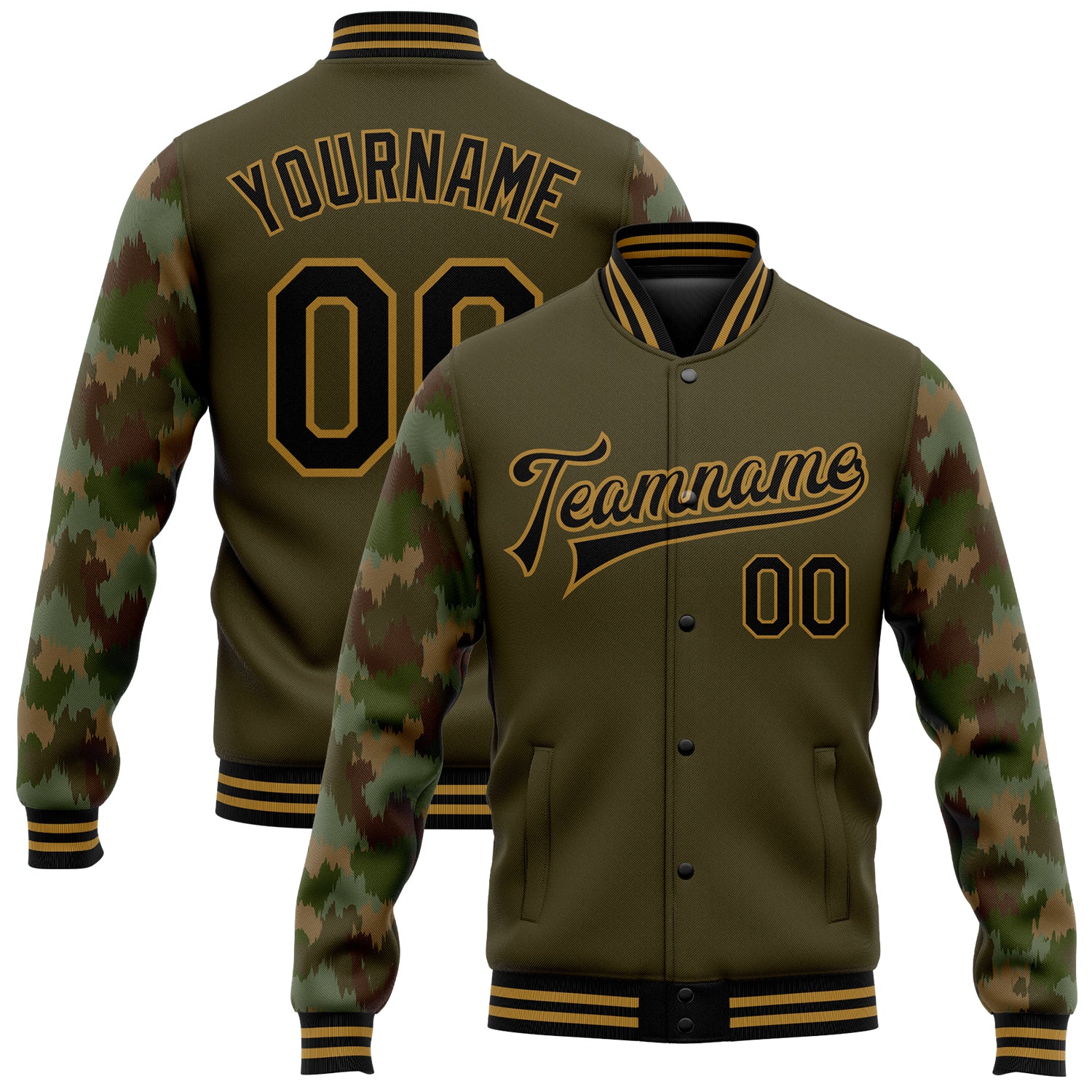 Personalized Olive Black-Old Gold Camo Sleeves 3D Pattern Design Bomber Full-Snap Varsity Letterman Salute To Service Jacket Team Custom Name and Number