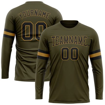 Personalized Olive Black-Old Gold Long Sleeve Performance Salute To Service T-Shirt Team Custom Name and Number