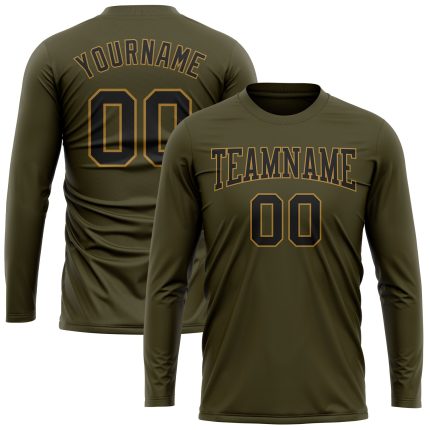 Personalized Olive Black-Old Gold Long Sleeve Performance Salute To Service T-Shirt Team Custom Name and Number