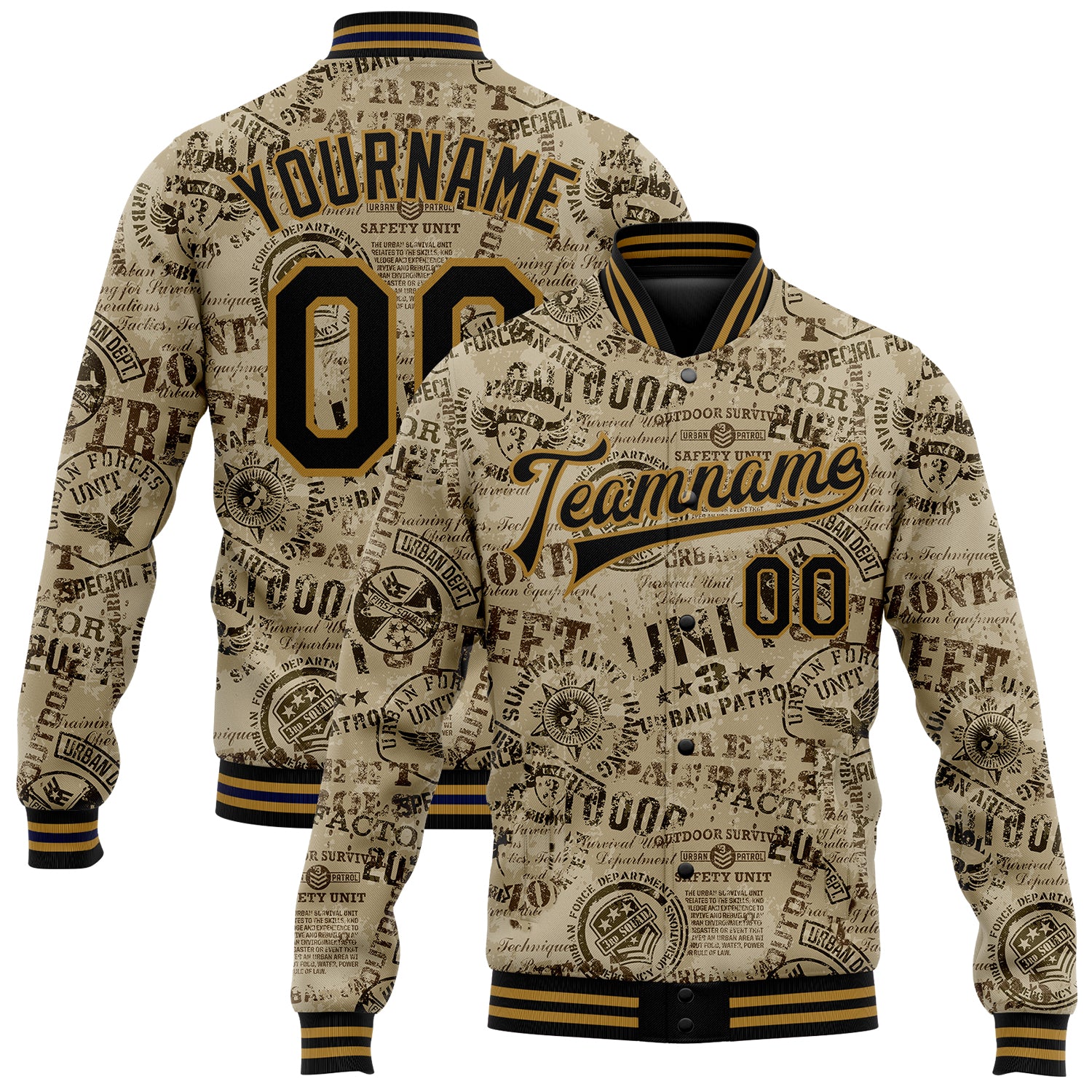 Personalized Olive Black-Old Gold Military Badge 3D Pattern Design Bomber Full-Snap Varsity Letterman Salute To Service Jacket Team Custom Name and Number