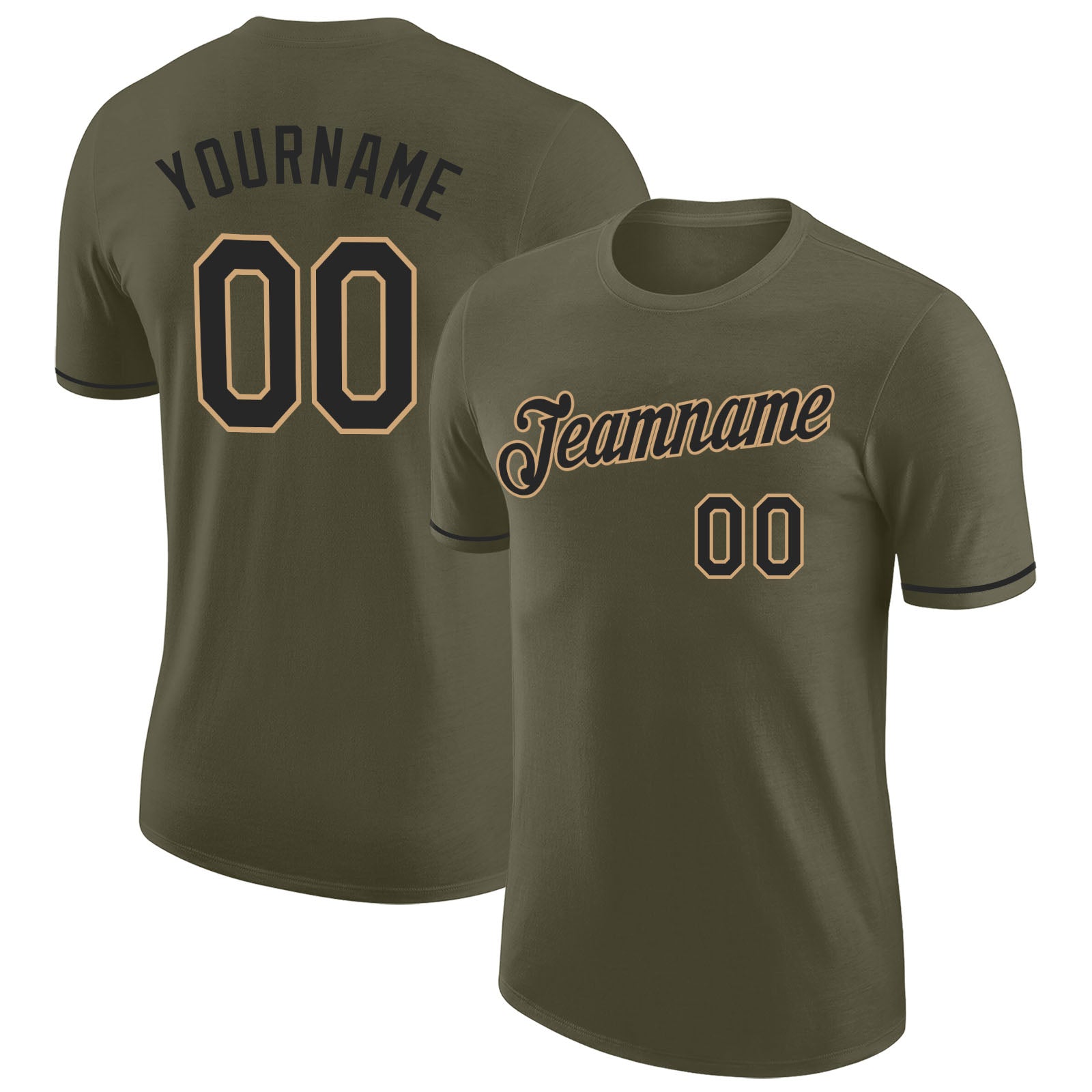 Personalized Olive Black-Old Gold Performance Salute To Service T-Shirt Team Custom Name and Number