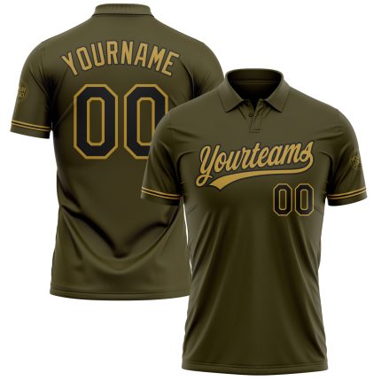 Personalized Olive Black-Old Gold Performance Vapor Salute To Service Golf Polo Shirt Team Custom Name and Number