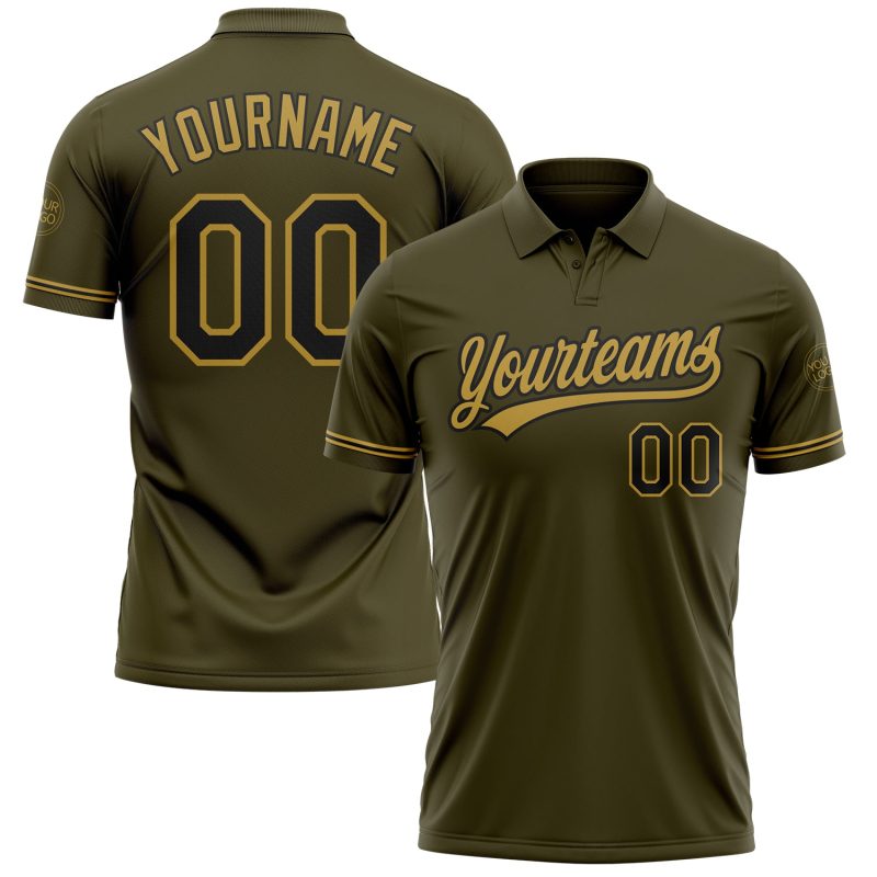 Personalized Olive Black-Old Gold Performance Vapor Salute To Service Golf Polo Shirt Team Custom Name and Number
