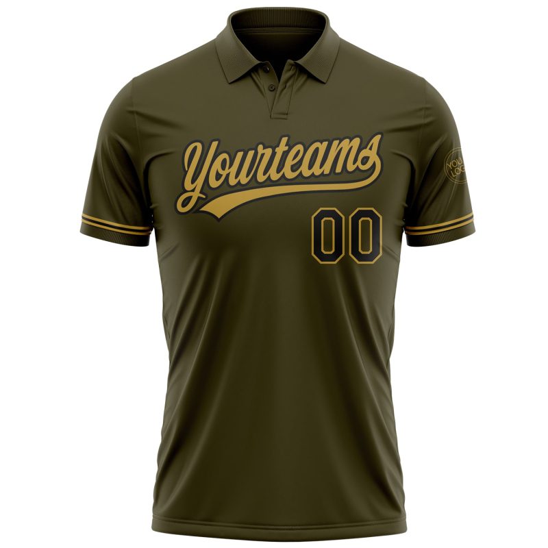 Personalized Olive Black-Old Gold Performance Vapor Salute To Service Golf Polo Shirt Team Custom Name and Number
