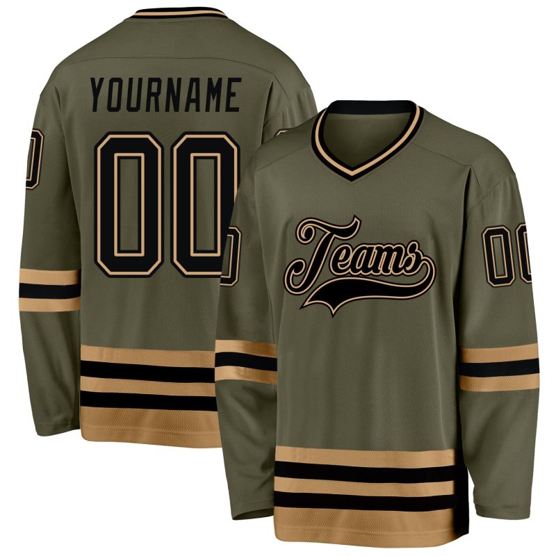 Personalized Olive Black-Old Gold Salute To Service Hockey Jersey Team Custom Name and Number