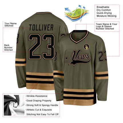 Personalized Olive Black-Old Gold Salute To Service Hockey Jersey Team Custom Name and Number