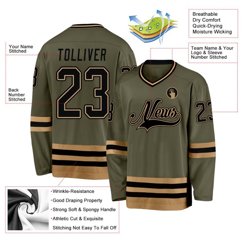 Personalized Olive Black-Old Gold Salute To Service Hockey Jersey Team Custom Name and Number