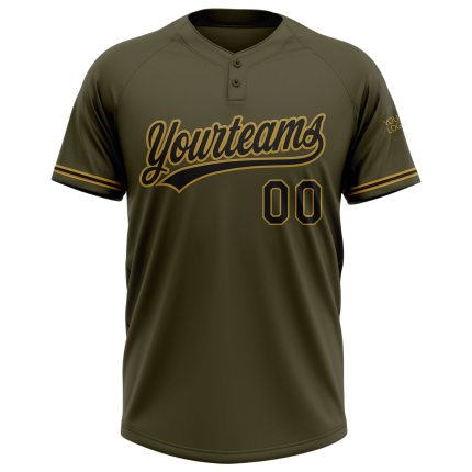 Personalized Olive Black-Old Gold Salute To Service Two-Button Unisex Softball Jersey Team Custom Name and Number