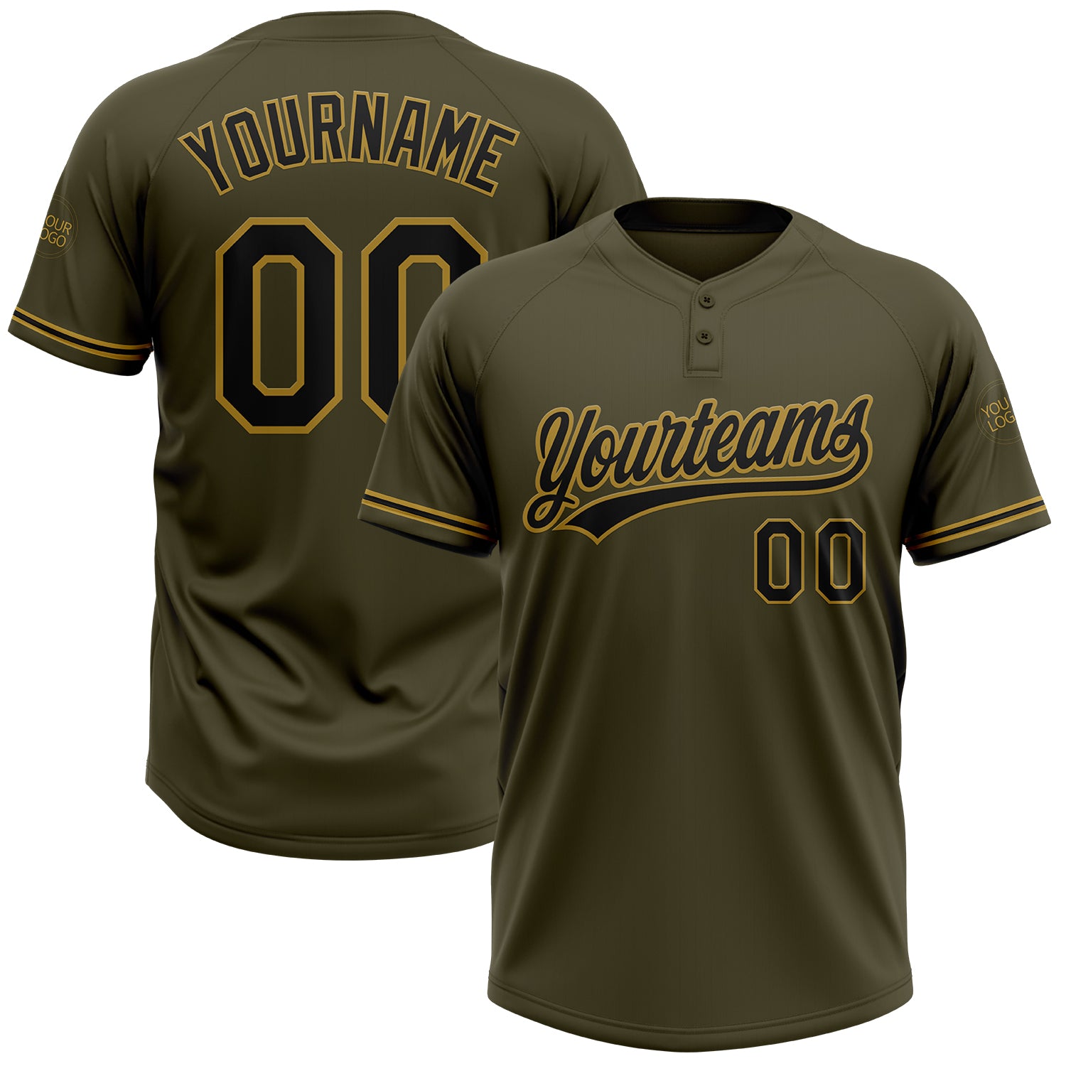 Personalized Olive Black-Old Gold Salute To Service Two-Button Unisex Softball Jersey Team Custom Name and Number
