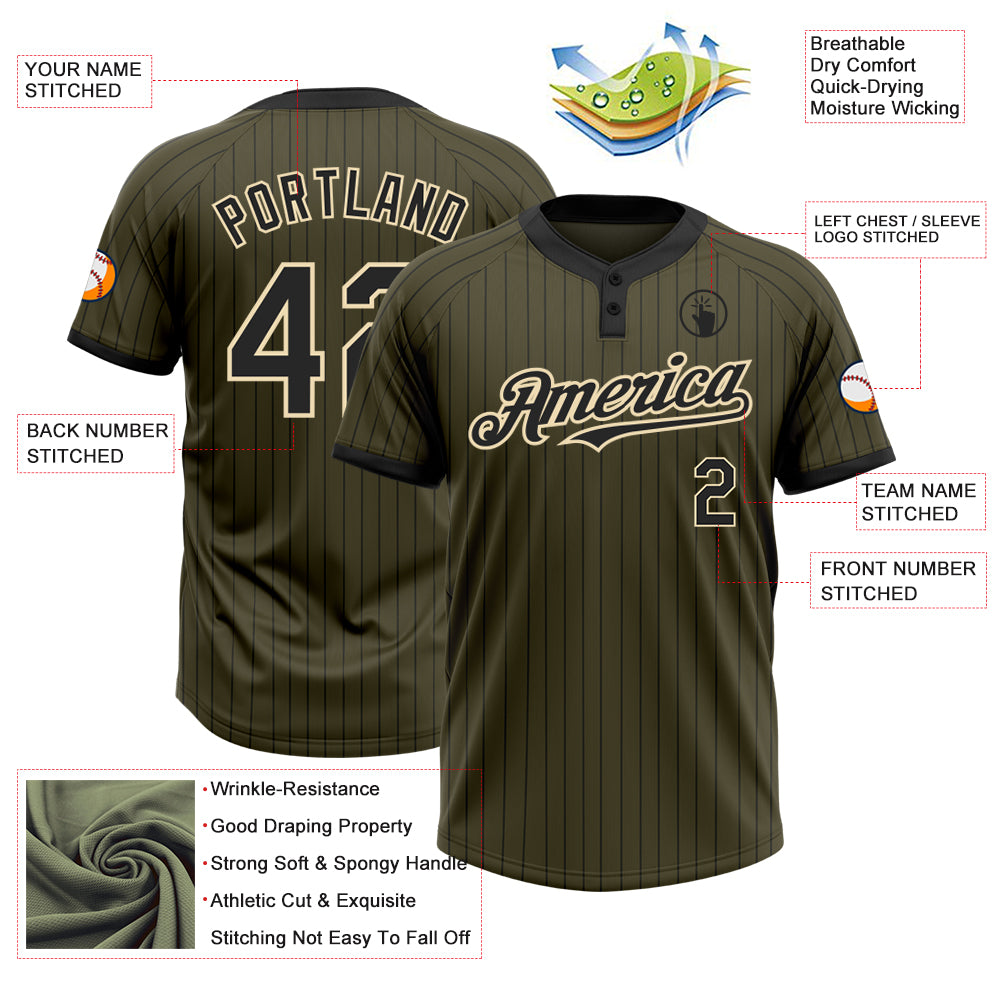 Personalized Olive Black Pinstripe Cream Salute To Service Two-Button Unisex Softball Jersey Team Custom Name and Number Personalized Olive Black Pinstripe Cream Salute To Service Two-Button Unisex Softball Jersey Team Custom Name and Number - Image 3