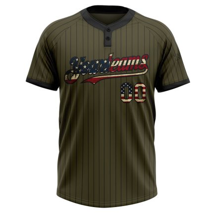 Personalized Olive Black Pinstripe Vintage USA Flag Salute To Service Two-Button Unisex Softball Jersey Team Custom Name and Number