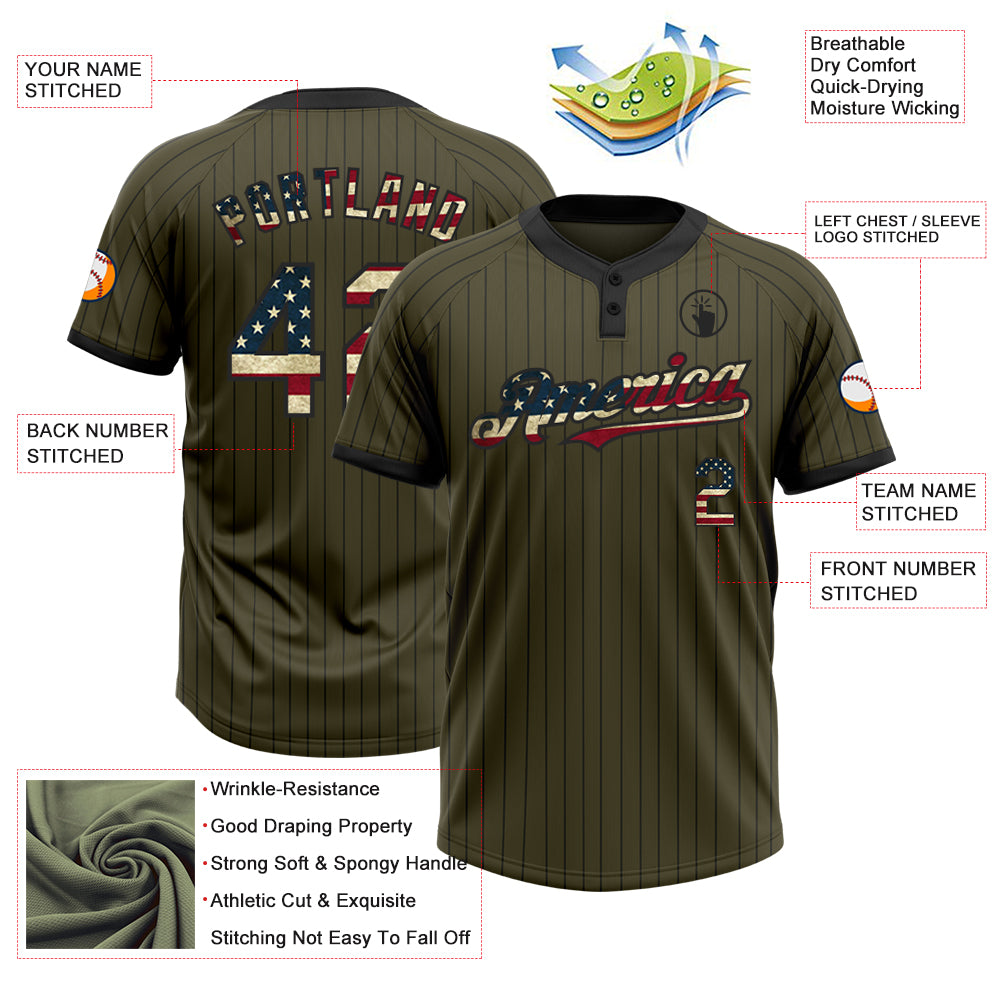 Personalized Olive Black Pinstripe Vintage USA Flag Salute To Service Two-Button Unisex Softball Jersey Team Custom Name and Number Personalized Olive Black Pinstripe Vintage USA Flag Salute To Service Two-Button Unisex Softball Jersey Team Custom Name and Number - Image 3
