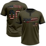 Personalized Olive Black Pinstripe Vintage USA Flag Salute To Service Two-Button Unisex Softball Jersey Team Custom Name and Number