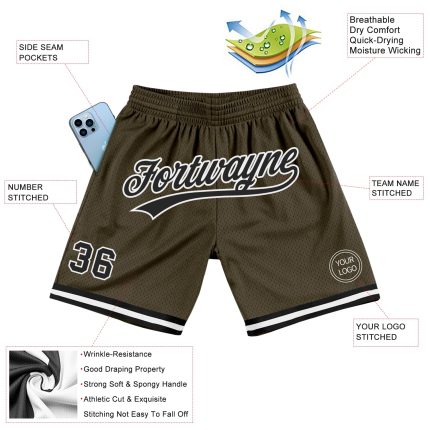 Personalized Olive Black-White Authentic Throwback Salute To Service Basketball Shorts Team Custom Name and Number