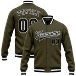 Personalized Olive Black-White Bomber Full-Snap Varsity Letterman Salute To Service Jacket Team Custom Name and Number