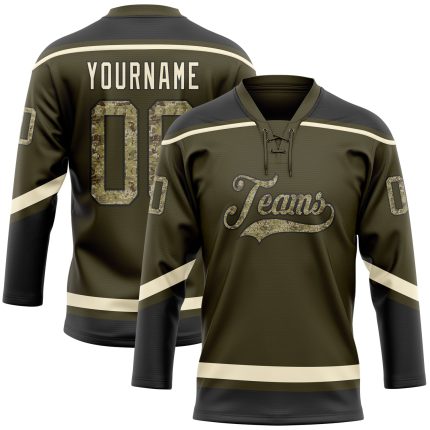 Personalized Olive Camo Black-Cream Salute To Service Hockey Lace Neck Jersey Team Custom Name and Number