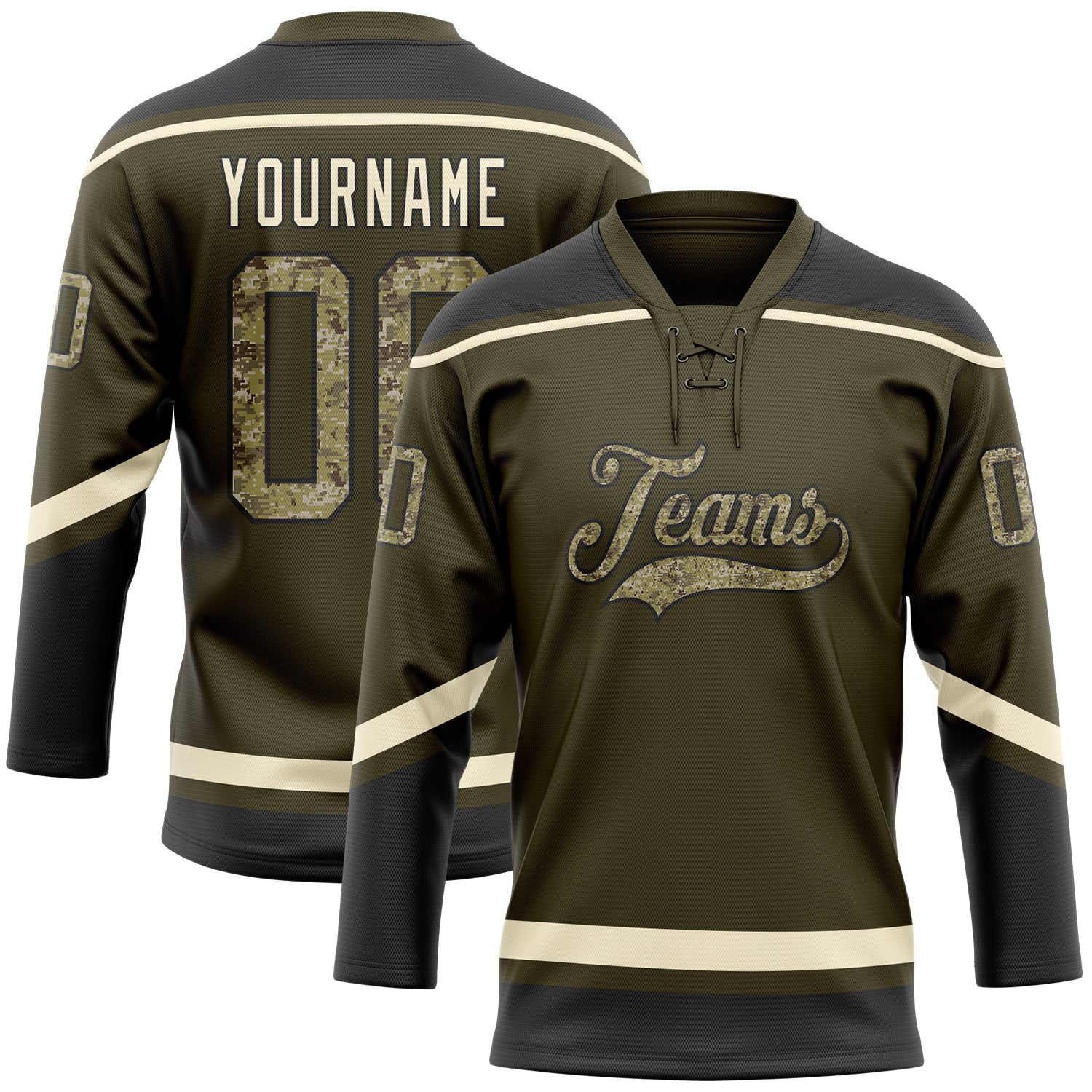 Personalized Olive Camo Black-Cream Salute To Service Hockey Lace Neck Jersey Team Custom Name and Number