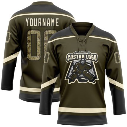 Personalized Olive Camo Black-Cream Salute To Service Hockey Lace Neck Jersey Team Custom Name and Number
