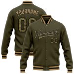 Personalized Olive Camo Black-Old Gold Bomber Full-Snap Varsity Letterman Salute To Service Jacket Team Custom Name and Number